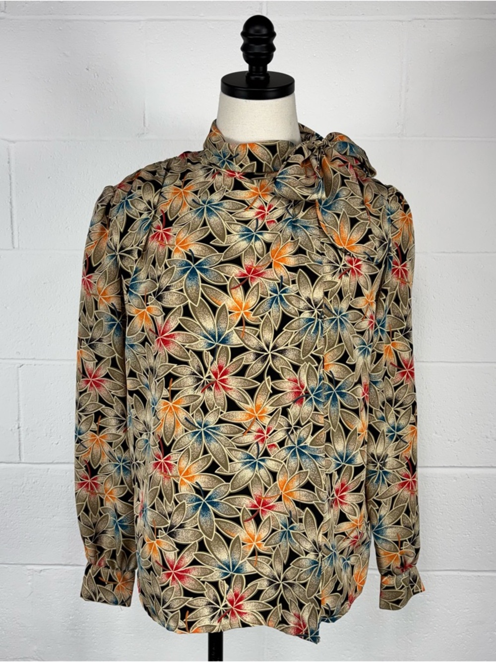 Vintage 80s Gold Japanese Maple Leaf Print Secretary Blouse Bow Tie Neckline S 4